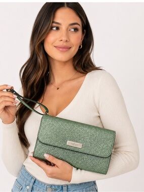 Kate Spade mint Glitter Kenzie medium flap Clutch with wristlet strap NEW IN BOX